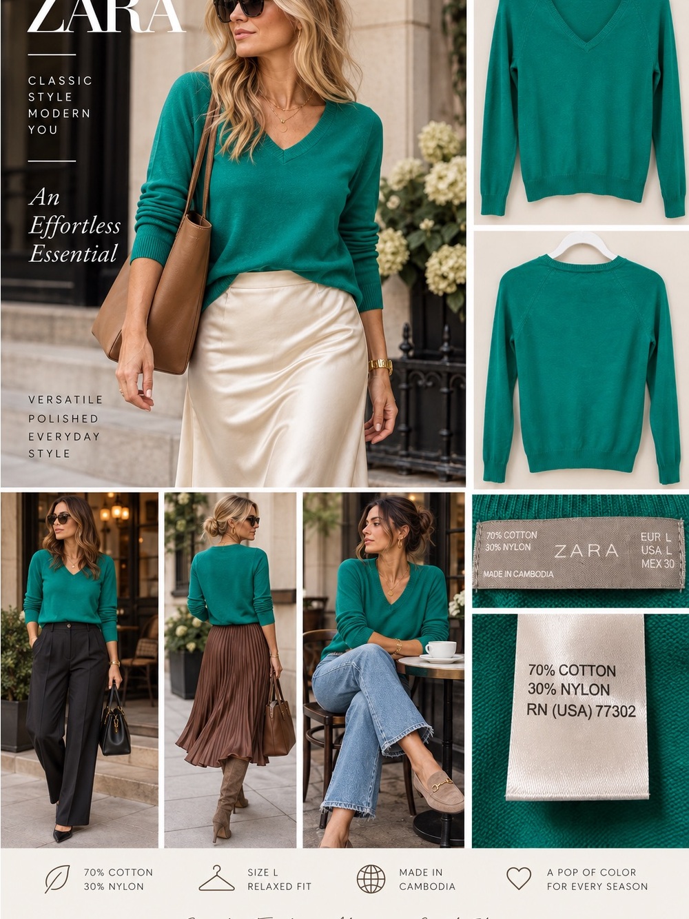 ZARA Teal V-Neck Sweater